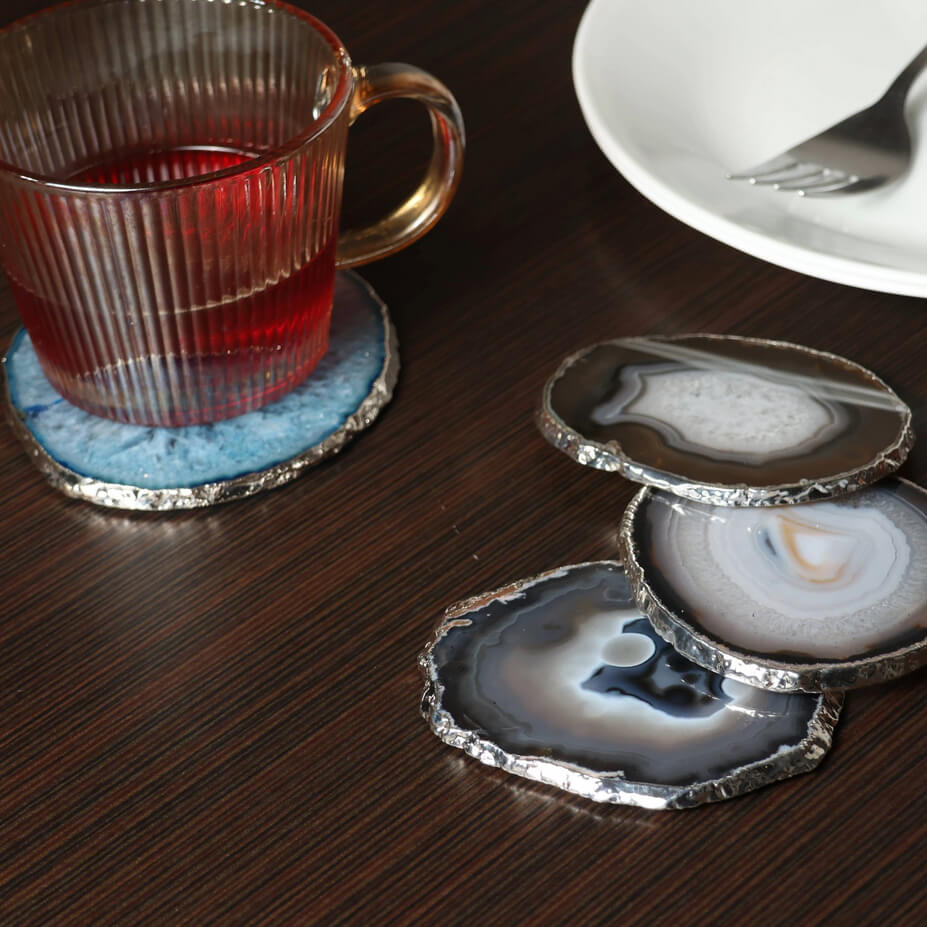 Agate Coasters with Silver Trim, Set of 4