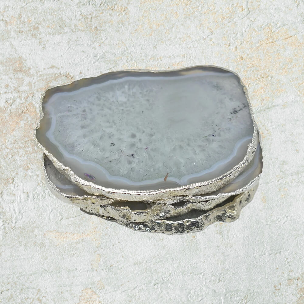 Natural White Agate Gnarled Coasters with Silver Trim, Set of 4