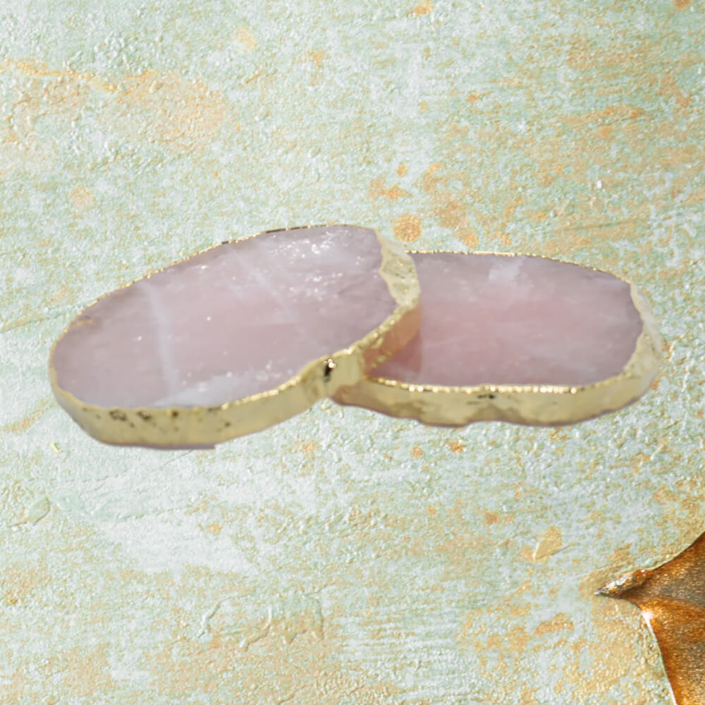 Rose Quartz Coasters with Gold Trim, Set of 2