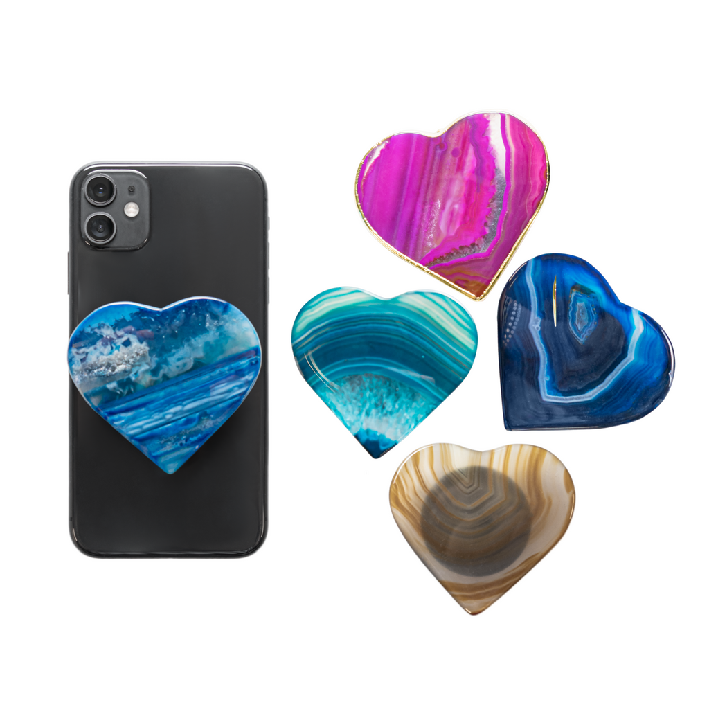 Agate Heart Phone Grip, Natural and Gold Trim