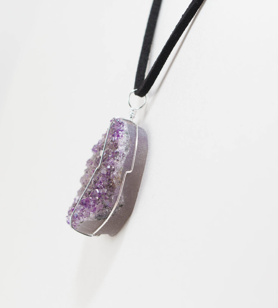 Druse Crystal Pendant on Leather Necklace 